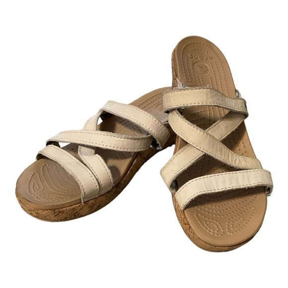 Crocs A-Leigh Beige Leather Strappy Cork Wedge Comfort Sandal Size 8 - Picture 1 of 6
